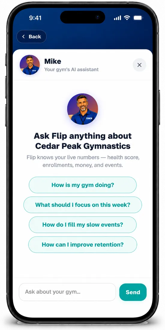 Flip, the gym’s AI assistant, with suggested questions about the gym