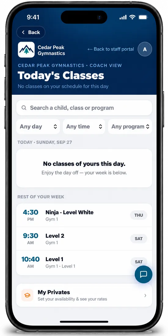 A coach’s Today’s Classes screen with the rest of the week