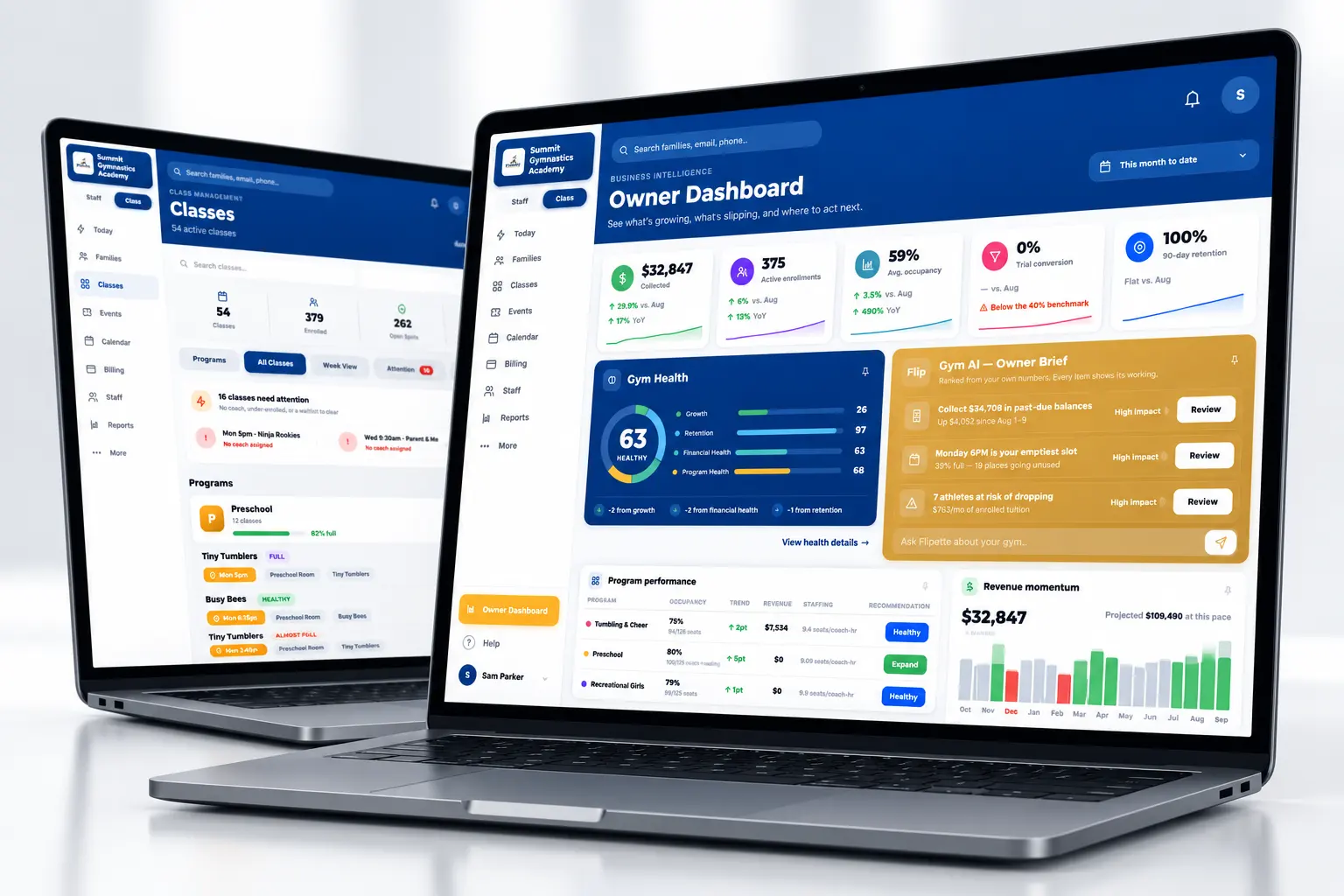 The Owner Dashboard and the Classes list on two laptops, with the Gym AI Owner Brief ranking what to review first