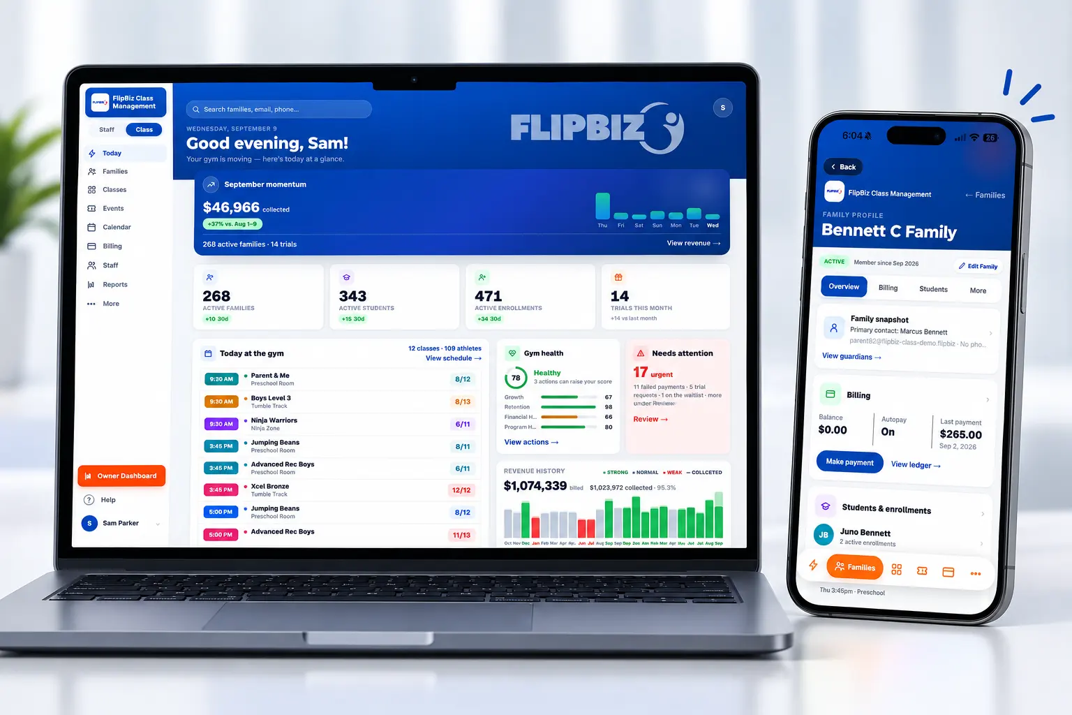 FlipBiz Class Management on a laptop, the day at a glance with momentum, classes and gym health, and a family profile on a phone