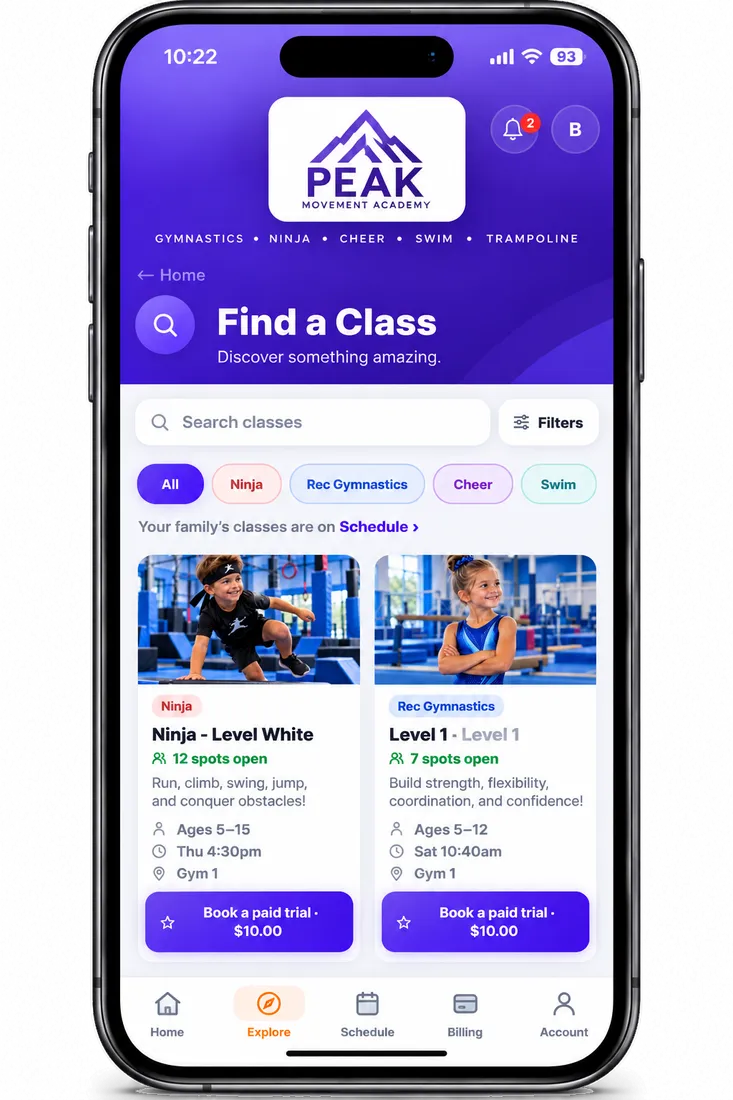 Peak Movement Academy’s Family App in purple: Find a Class, with ninja and rec gymnastics trials