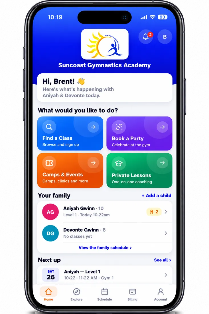 Suncoast Gymnastics Academy’s Family App home in blue: find a class, book a party, camps, private lessons, the family and next up