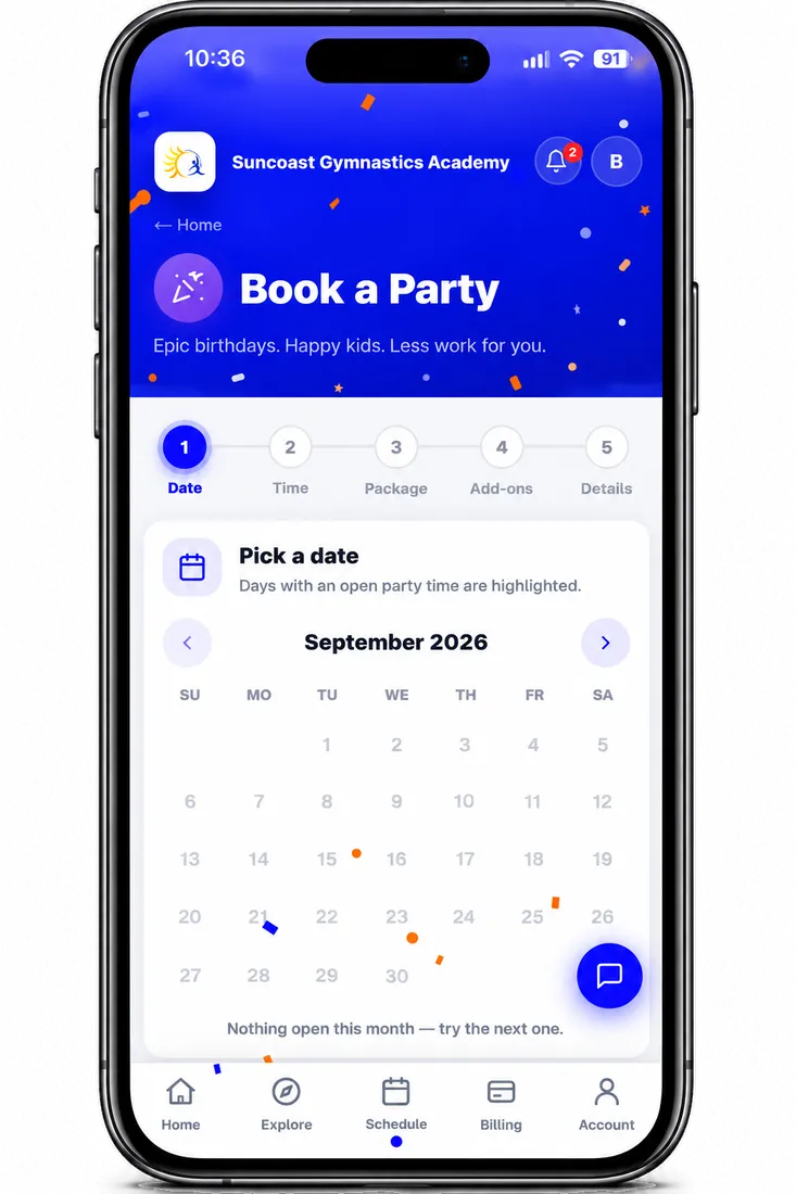 Booking a birthday party in the Family App: pick a date, time, package, add-ons, details