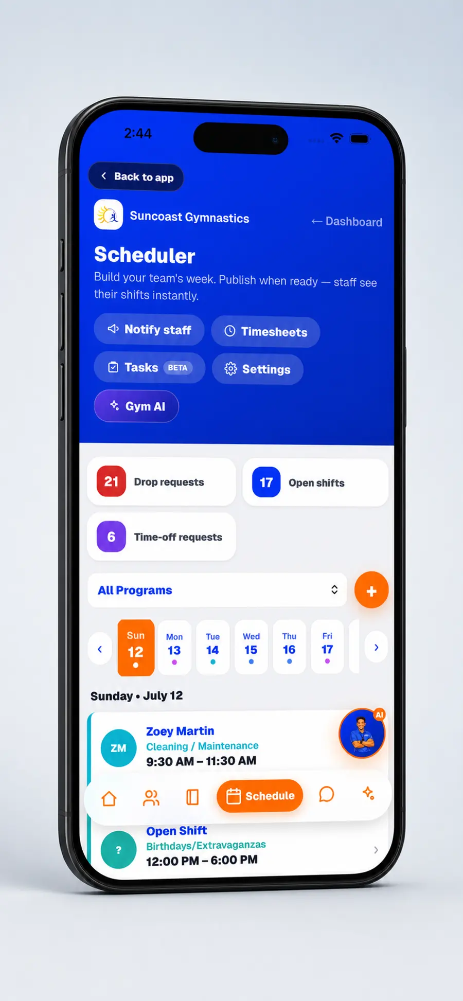The FlipBiz scheduler on a phone: drop requests, open shifts, time-off requests and the day’s shifts