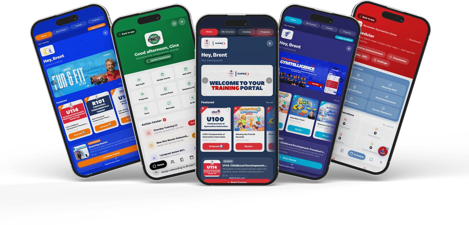 FlipBiz Train on five phones: the Fun & Fit course home, a gym’s staff portal, the USA Gymnastics training portal, Gymtelligence and the scheduler