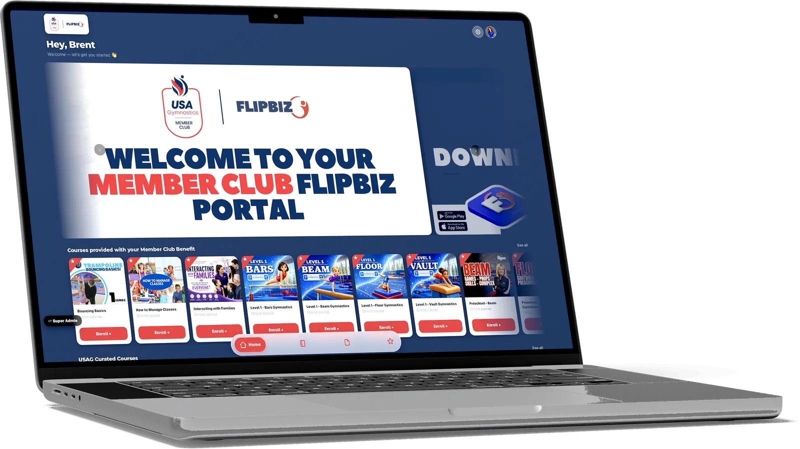 The USA Gymnastics Member Club FlipBiz portal on a laptop, with its course catalog